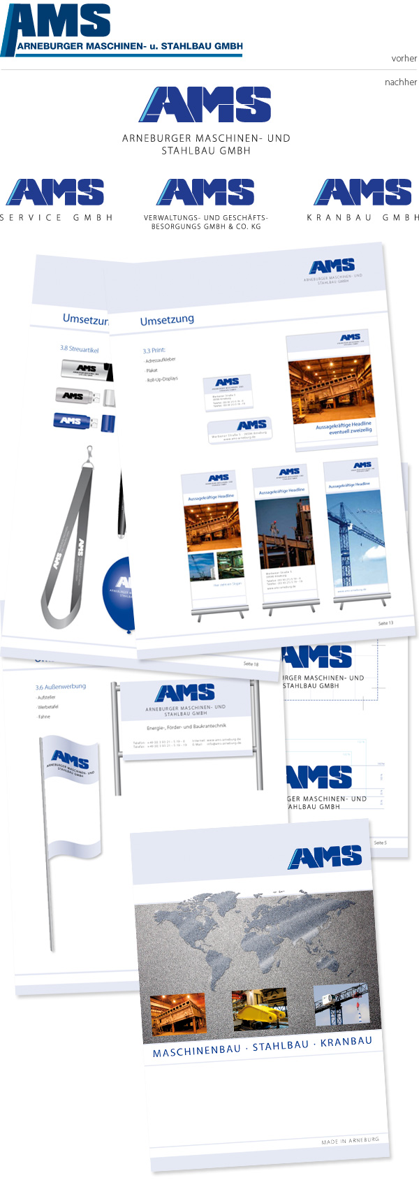 Corporate Design für AMS inklusive Banner, Schilder, Visitenkarte und Werbeartikel