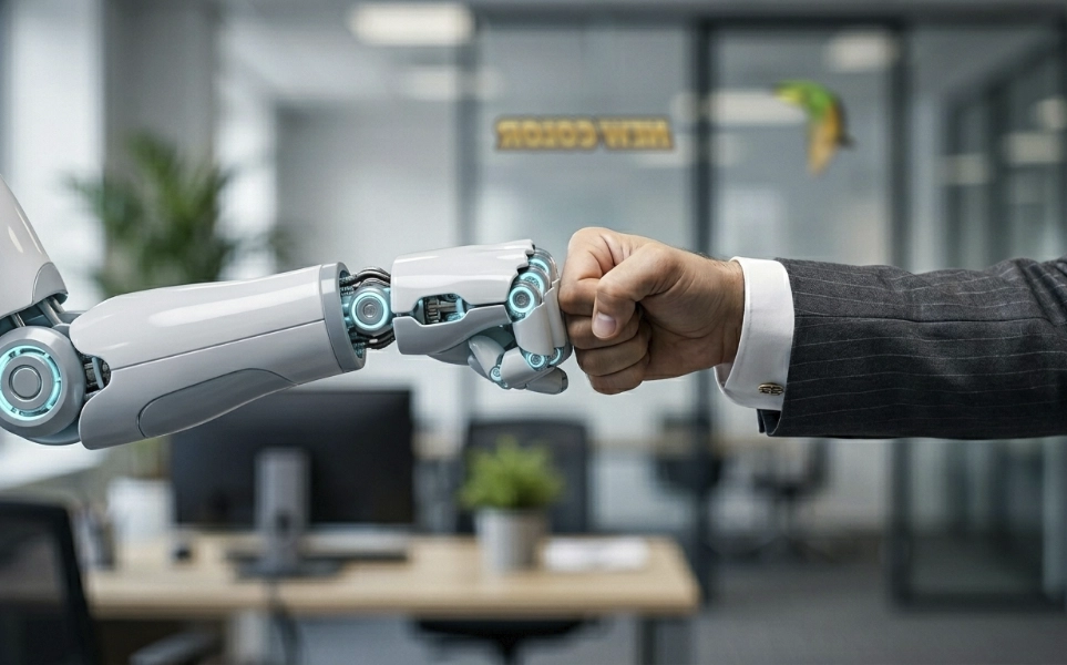 robo und mensch gruessen sich