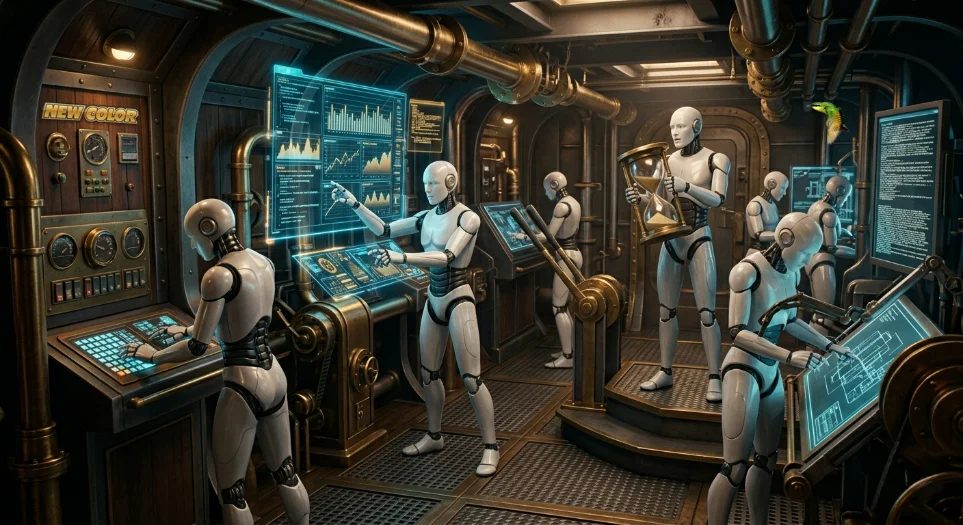 Warum KI bei uns im Maschinenraum arbeitet – und nicht am Steuer schiffsraum roboter new color ki marketing